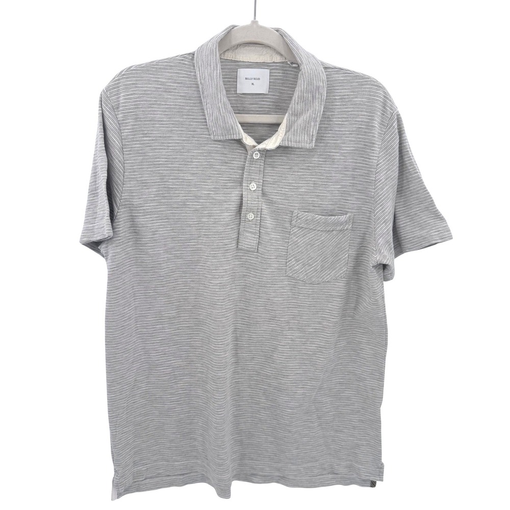 Billy Reid Mens XL Grey Slub Striped Short Sleeve Pocket Polo Shirt Cotton Blend